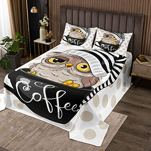 Eule Bettüberwurf Kinder Nette Kawaii Tasse Eule Tagesdeck 220x240cm Wohndeckefür Schlafzimmer Karikatur Tier Vogel Plüschdecke Schöne Polka Punkte Streifen Design Steppdecke Alle Jahreszeiten