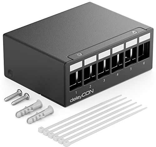 deleyCON 6 Port Patchpanel House 1U för 14,9mm x 17mm Keystone-Moduler med t.ex. RJ45 Koaxialplugg BNC F-Plug Antennplugg RJ-11 RCA-Uttag USB Toslink PS2 HDMI - Svart