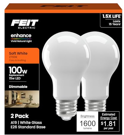 Feit Electric A19 LED Light Bulb, 100W Equivalent, Dimmable, E26 Base, 90 CRI, 1600 Lumens, 2700K Soft White, General Purpose Light Bulbs, 17,000-hour Lifetime, A100/927CA/FIL/2, 2-Pack