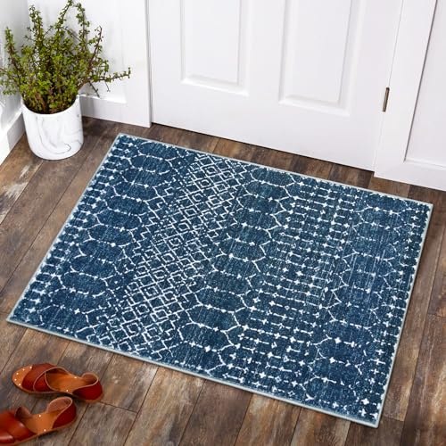 Lahome Moroccan Indoor Rugs for Entryway 2x3 Area Rug Non-Slip Backing Washable Inside Door Mats Low-Profile Throw Soft Rugs for Bathroom, Geometric Print Distressed Blue Rug for Kitchen Bedside Hana