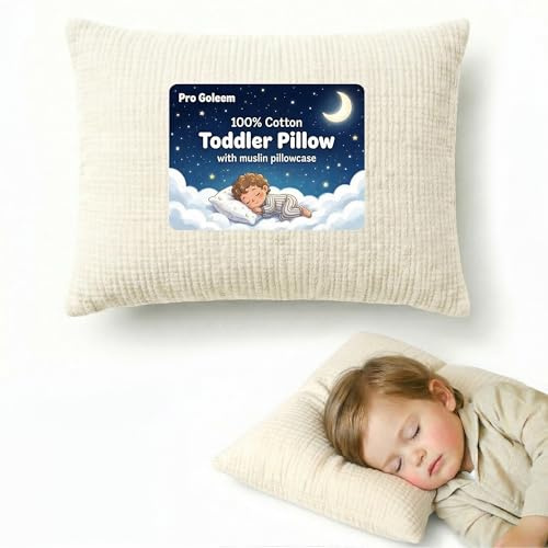 Pro Goleem Cuscino per bambini con federa in mussola di cotone, 33 x 45 cm, morbido cuscino per bambini, lavabile in lavatrice, perfetto per culla, letto, lettino e viaggi, beige