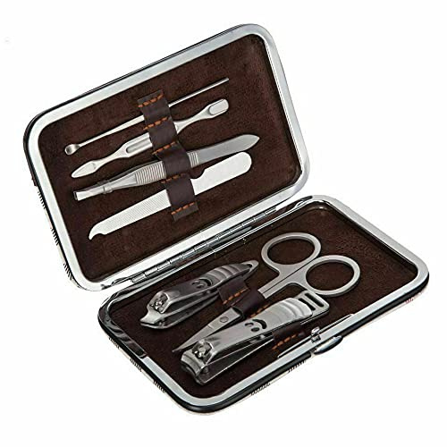 Professional Manicure Set, 7 Pieces Portable Nail Clippers & Eyebrow Grooming Kit, Stainless Steel Nail Care Tools with Luxurious Leather Case for Travel & Home