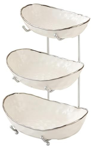 AYES Fruit Bowl 3-Tier Large Ceramic With Metal Stand Silver 3-Layer | Tiered Design Saves Space, Large Capacity For Fresh Fruit, Durable Ceramic Bowls, Ideal For Kitchen, Tabletop, Parties