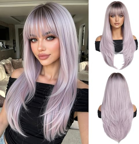 OUFEI Perruques Violettes avec Franges pour Femmes Perruques Longues Et Droites Aux Cheveux Synthétiques avec Racines Foncées pour Un Usage Quotidien Et Festif