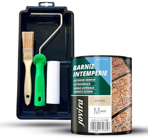 JOVIRA PINTURAS Barniz Intemperie al agua, Mate y Kit con Minicubeta, Rodillo de Espuma, Varilla y Paletina. (750 Millilitros, Mate + Kit Barniz)