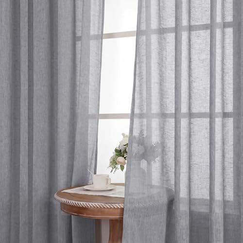 BellaHills Cortinas Lino Dormitorio 140x245cm Gris Cortinas Salon Modernas Visillos Ventana Semitranslucida con Ojales para Habitacion 2 Piezas