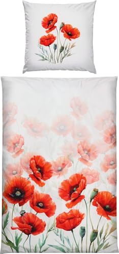 Erwin Müller Mako-Satin Bettwäsche Mohnblume weiß-rot Größe 80x80 cm / 135x200 cm - seidig weiche Qualität, temperaturausgleichend, mit Reißverschluss