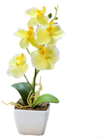 CYRENT 5-Head Artificial Orchid Plant In Pot 13cm Width Indoor Faux Phalaenopsis Flower Arrangement(yellow)