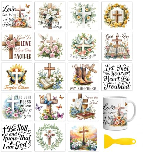 Peacoblue Bible and Cross Rub On Transfers for Craft, Transfer Sticker | 18 Sheets UV DTF Transfers, Waterproof Rub On Decals for Wood, Glass, Furniture, Tumblers & Home Decor Crafts