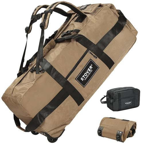 STOVER 45/80/100/120L Rolling Duffel Bag with Wheels, Large Durable Travel Duffle + Toiletry Bag, Heavy Duty, Packable with Shoulder Straps- Use as Luggage or Backpack, Men/Women (Tan)
