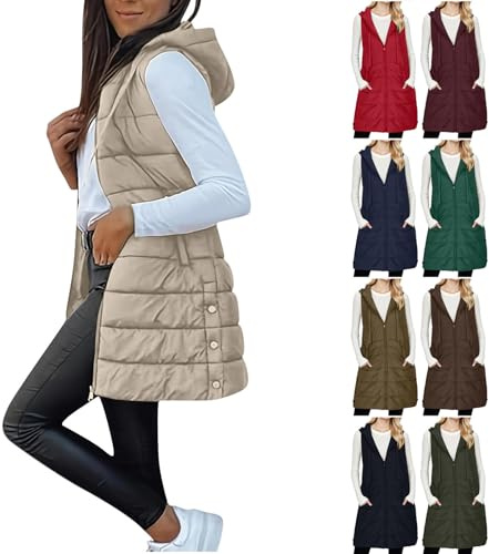 Women Puffer Gilet Ladies Long Hooded Vest Sleeveless Jacket Oversized Body Warmer Zip Up Longline Quilted Gilets Thick Padded Waistcoat with Pockets Coat Vests Lightweight Outerwear Winter Streetwear