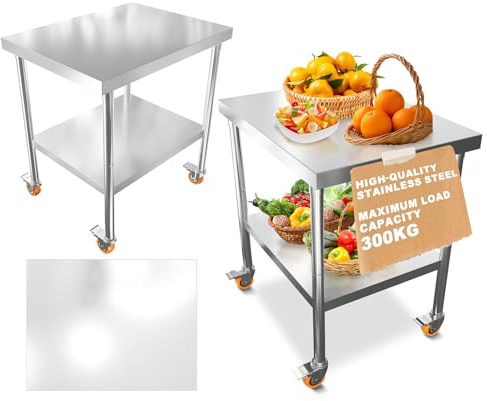 ACXIN Arbetsbord i rostfritt stål XL 2 våningar med hjul, kan belastas upp till 300 kg, förberedelsebord, köksbord, hygieniskt och robust, mobil för catering, catering, verkstad, utomhus (76 x 60 x 85