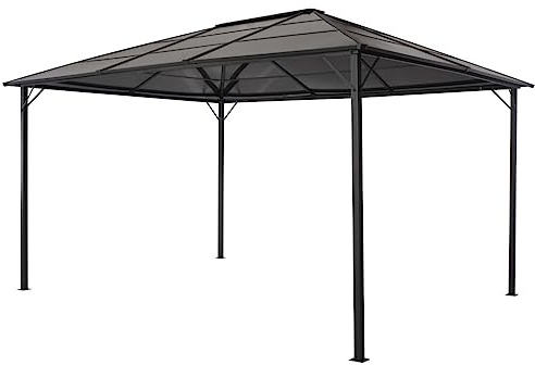 QJBSAVVA Tonnelle de jardin, 4 x 3 x 2,6 m, noire, en aluminium et acier, avec toit en PVC UV de 6 mm, robuste, pour barbecue, fête de jardin, pour les fêtes en plein air