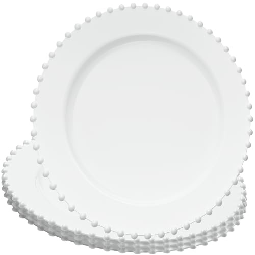 PLASTICPRO White Plastic Charger Plates with Beaded Edge – Pack of 8 – 13 Elegant Round Disposable Chargers for Weddings, Events, Parties, and Dinners