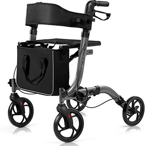 GOPLUS Rullator i aluminium, lättviktsgånghjälp med sittplats, vikbar & höjdjusterbar, gångstöd med dubbla bromsar, bred ryggrem & förvaringsväska, reserullator för äldre (Grå)