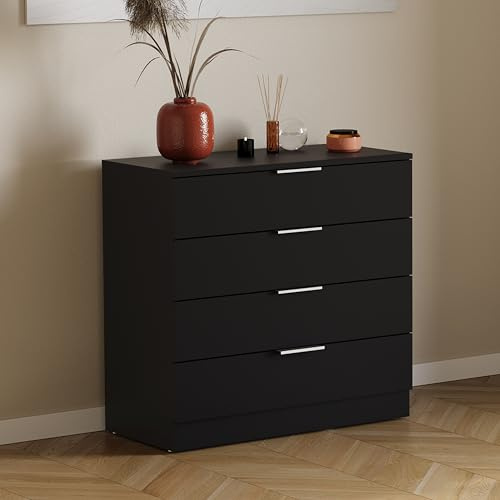 VIDA DESIGNS Trega 4 Drawer Chest of Drawers Black - Compact Space-Saving Bedroom Storage Unit - 74Hx66Wx36Dcm - Anti-Bowing Support, Modern Silver Handles, Glide Runners - Ideal for Bedroom & Nursery