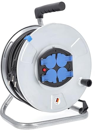 as - Schwabe enrollacables de 50 m H05RR-F 3G1,5-4 tomas con tapas de protección - 230 V / 16 A / 3.500 W - Protección contra sobrecalentamiento - IP20 - Carrete Made in Germany, 10412