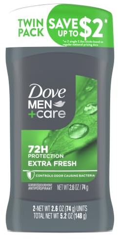 Dove Men+Care Extra Fresh Men's Antiperspirant Deodorant Stick Extra Fresh Twin pack With 72-hour sweat & odor protection with 1/4 Moisturizing Cream & Long-lasting Citrus Scent 2.7 oz