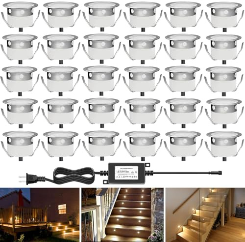 QACA Pack of 30 Recessed LED Deck Lighting Kits 12V Low Voltage Φ30mm Waterproof IP 67,LED In Ground Lighting for Steps,Stair,Patio,Floor,Pool Deck,Kitchen,Outdoor LED Landscape Lighting Warm White