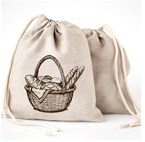 Linen Bread Bags - 3 Pack 30 x 40 cm Special Art Design Unbleached Linen Reusable Food Storage for Homemade Artisan Bread