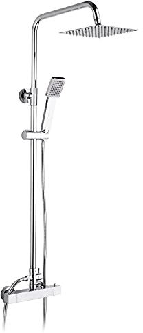 Ibergrif M21807 Colonna Doccia Termostatico, Doccia Soffione Completo, Set Doccia con Soffione e Doccetta, Asta per Doccia Regolabile a Muro, Termostato, Asta Tubo Flessibile, Cromo, Argento