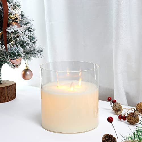 JHY DESIGN Velas sin llama de vidrio con 3 mechas a batería, velas LED en cilindro de vidrio con temporizador de 6 horas, velas eléctricas para decoración de mesa, salón, dormitorio (Blanco)