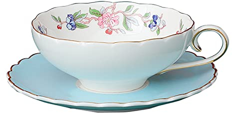 Fanquare Tasse en Porcelaine Bleu, Motif Fleur de Lotus Rose et Oiseau, Ensemble Tasse et Soucoupe avec Garniture Dorée