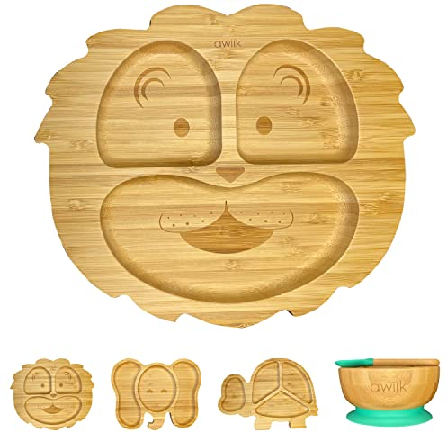 AWIIK - Plato de Bamboo con fuerte ventosa para bebés y niños pequeños. Plato BLW de bambú antideslizante con succión. Plato infantil antivuelco para aprender a comer BLW. (Lion)