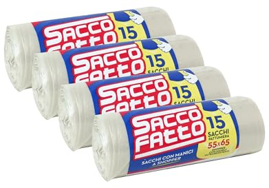 EFFENNE group - 60 Sacchi Spazzatura Trasparenti 55x65 cm con Manici per la raccolta differenziata da interno - Sacchetti di Plastica per la pattumiera della cucina e del bagno