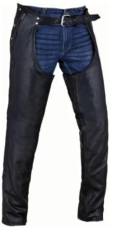 GARGOYLE BELLS Motorcycle Leather Chaps for Men & Women, Black Cowboy Biker Riding Chaps Multi-Pocket Split Soft Leather Pants with Zipout liner
