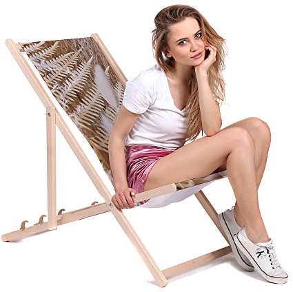 DreamRoots Bain de Soleil Pliable 130 kg en Bois de Hêtre - Chaise Longue Jardin Relax Extérieur - Chaise de Plage Pliable - Transat Jardin Exterieur - Tissu Lavable 100% Polyester 220 g/m2