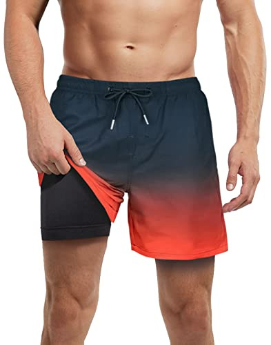 LUCOWEE Mens Swim Trunks with Boxer Brief Liner No Mesh Men's Swim Trunks with Compression Liner Swim with Boxer Brief Liner Men's Swimwear 5 Black Red Large