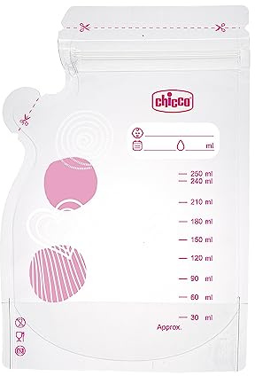 Chicco Sacs de lait de 30 pièces, anti-fuite, avec bec pratique, rangement lait maternel, 250 ml