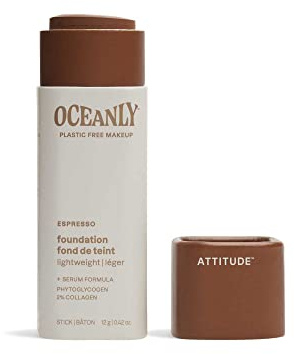 ATTITUDE Oceanly Plastic-Free Light Coverage Foundation Stick, Titanium Dioxide-Free, EWG Verified, Vegan Makeup, Espresso, 12 grams