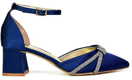 ESSEX GLAM Womens Wedding Shoes Block Low Heel Ladies Ankle Strap Pointed Toe Sparkly Diamante Trim Navy Bridal Evening Party Court Shoes 8