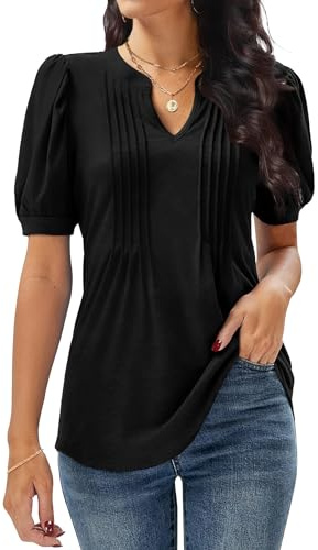 GRECERELLE Womens V Neck Tops Puff Short Sleeve | T-Shirt Pleated Floral Printed Tunic Blouse Shirts