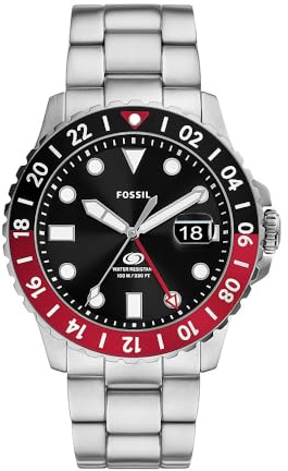Fossil Blue Uhr für Herren, GMT Uhrwerk mit Edelstahl- oder Lederarmband Rot und Schwarz