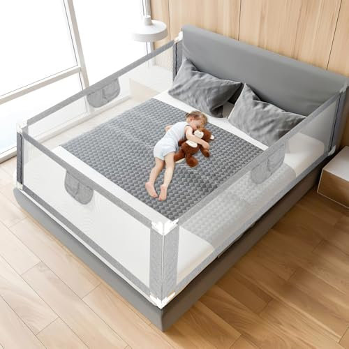 Ollewiellan Bettgitter 200CMx1+180CMx1, Bettgitter Rausfallschutz Höhenverstellbar 64-96cm, Bettschutzgitter Kinderbettgitter mit Luftiges Netz für Kinder & Elternbetten, Stabile, Grau
