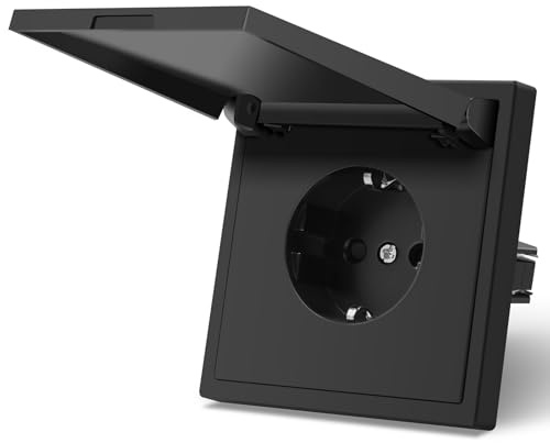 MVAVA Enchufe Exterior,Enchufes pared Con Garfio,Empotrable Estándar,Tapa con Protección,Placa de Mate,Seguridad infantil,1 Enchufe con Tapa,80mm Negro