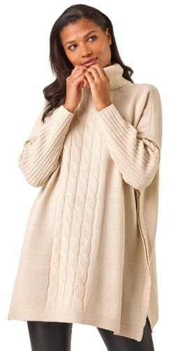 Roman Originals Cable Knit Roll Neck Poncho Jumper for Women UK - Ladies Everyday Autumn Winter Comfy Soft Evening Vacation Work Party Night Out - Beige - Size LXL