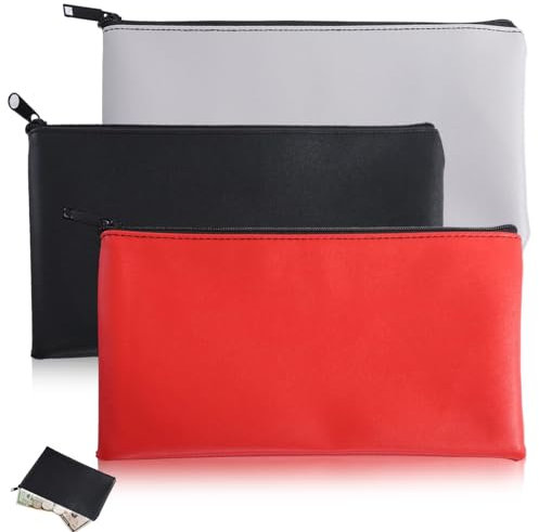 3 Stück Geldtaschen Banktasche, Geldbeutel Geldtasche 28 x 15.5cm PU Banktaschen mit Reißverschluss Wasserdicht Bankmappe Dokumententasche für Schule Haushalt Business (Schwarz, Rot, Grau)