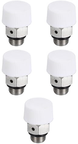 PATIKIL Válvulas manuales de purga de aire para radiadores con rosca macho 1/8 BSP, paquete de 5, válvula de enchufe de latón niquelado sin necesidad de llave, plateado/blanco