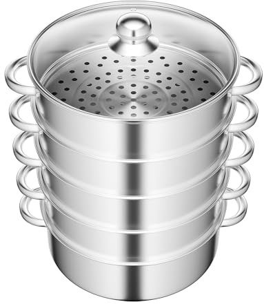 Mqwdxzfes 5-Etagen Edelstahl Dampfgarer, Lebensmittel-Dämpftopf mit Glasdeckel, 28cm Schichten-Dämpfer Klappbarer Kochtopf Großvolumen Dämpfeinsatz für Induktionsherd Gasöfen Elektrothermische