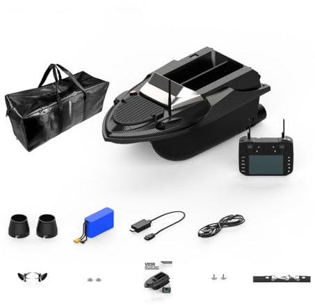 RCARTOYRTR V080 12V RC High-Speed Bait Boat with 9 Fishing Zones, 180 GPS Waypoints, Smart Dual Hopper System and Lights, 800m RC Distance, Toys and Gifts for Fishing Lovers&Adults