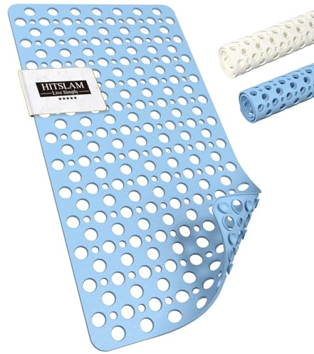 HITSLAM Bath Mat Non Slip Anti Mould, 70 x 38cm TPE Shower Mat for Bathtub & Shower, Machine Washable with Large Drain Holes and Strong Suction Cups, Fast Draining, Blue
