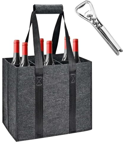 Luxvara Felt Wine Bottle Carrier Bags,Wine Bottle Carry Box with 6 Removable Compartments,Portable Wine Cup Holder with Handle,with Multi-Function Decanter Opener,for Storing Carrying Drinks Carrier