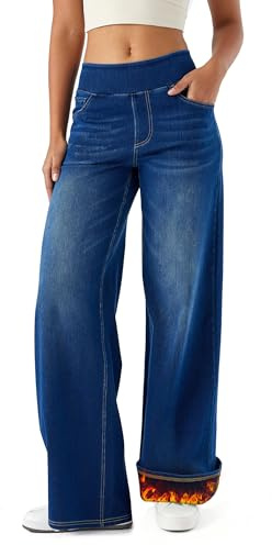 LaiEr Jeans à Jambes Larges pour Femmes avec Doublure Polaire, Taille Haute,Thermiques,épais - Pantalons en Jean à élasticité élevée pour Sports et Yoga,avec Poches,Chauds pour l'hiver(Bleu Foncé,L)