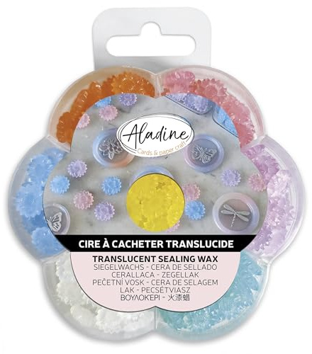 Aladine - 182 Perles de Cire à Cacheter Translucides - 7 Couleurs Translucides - Pour Créer Sceau de Cire Rose, Vert, Jaune, Blanc, Violet - Faire Part Mariage, Naissance, Lettres & Cadeaux - 72659
