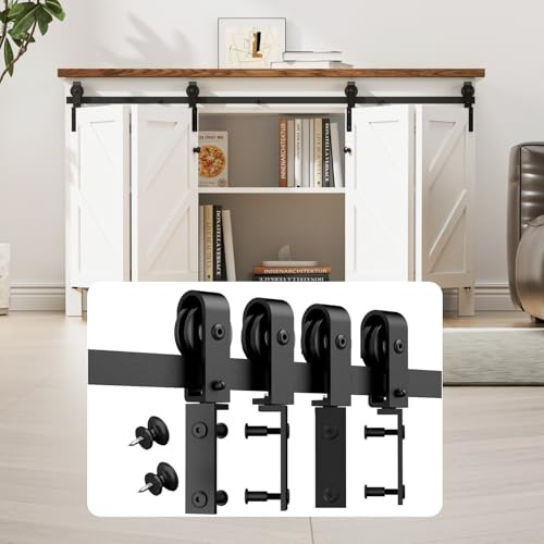 Mini herraje para puerta corredera de 5FT/153 cm, para mueble para televisión con doble puerta, armario, juego de herrajes para puerta plegable (no incluye puertas de armario)
