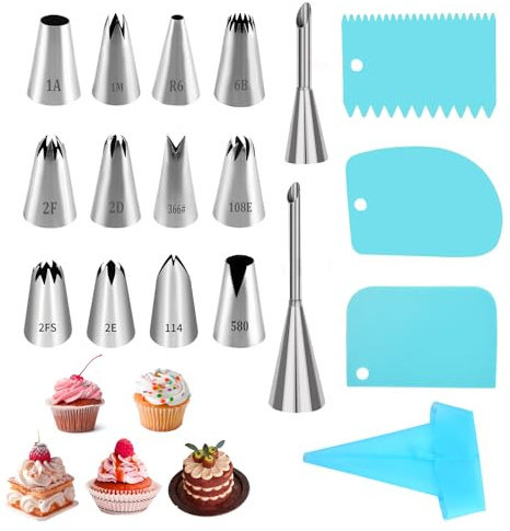 18 Douille Pâtisserie Grandes Inox Kit Professionnelle, Accessoire Patisserie avec Poche à Douille, 12 Douilles en Acier Inoxy, 2 Douilles à Choux, 3 Racloirs, Décoration de Gâteaux Cupcakes Crèmes